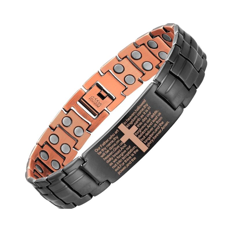 Pulsera Cruz Magnética de Cobre con Oración Padre Nuestro doble protección