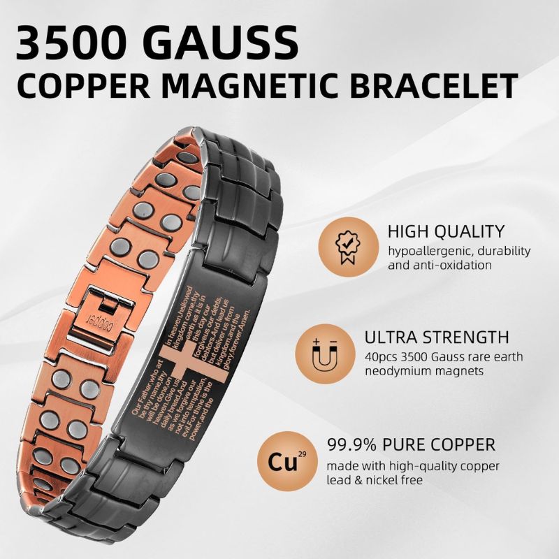 Pulsera Cruz Magnética de Cobre con Oración Padre Nuestro doble protección