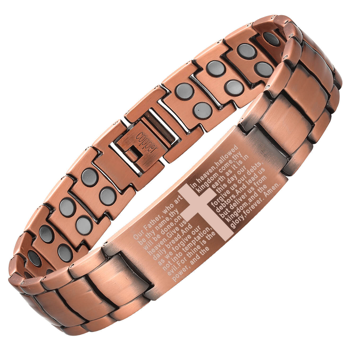 Pulsera Cruz Magnética de Cobre con Oración Padre Nuestro doble protección